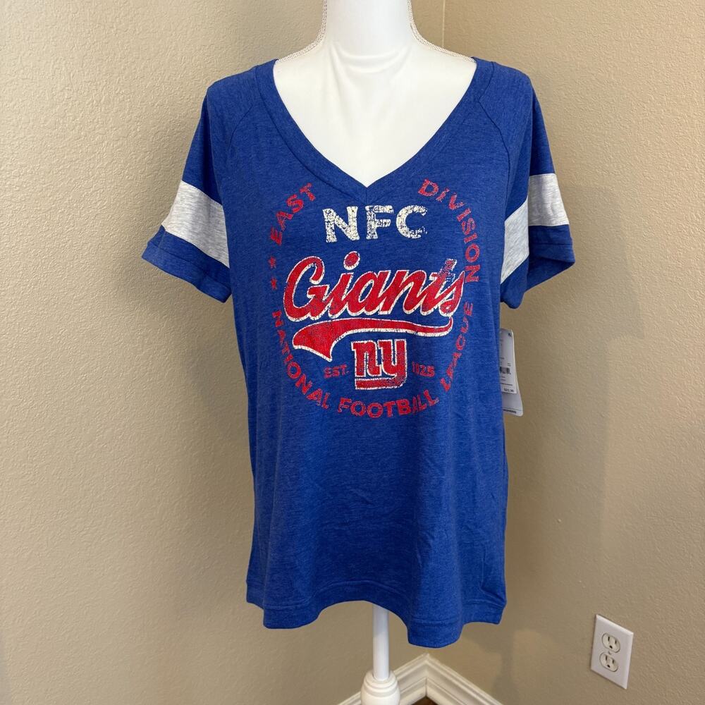 Women's NFL Team Apparel New York Giant Football Heather Blue V-Neck Shirt L